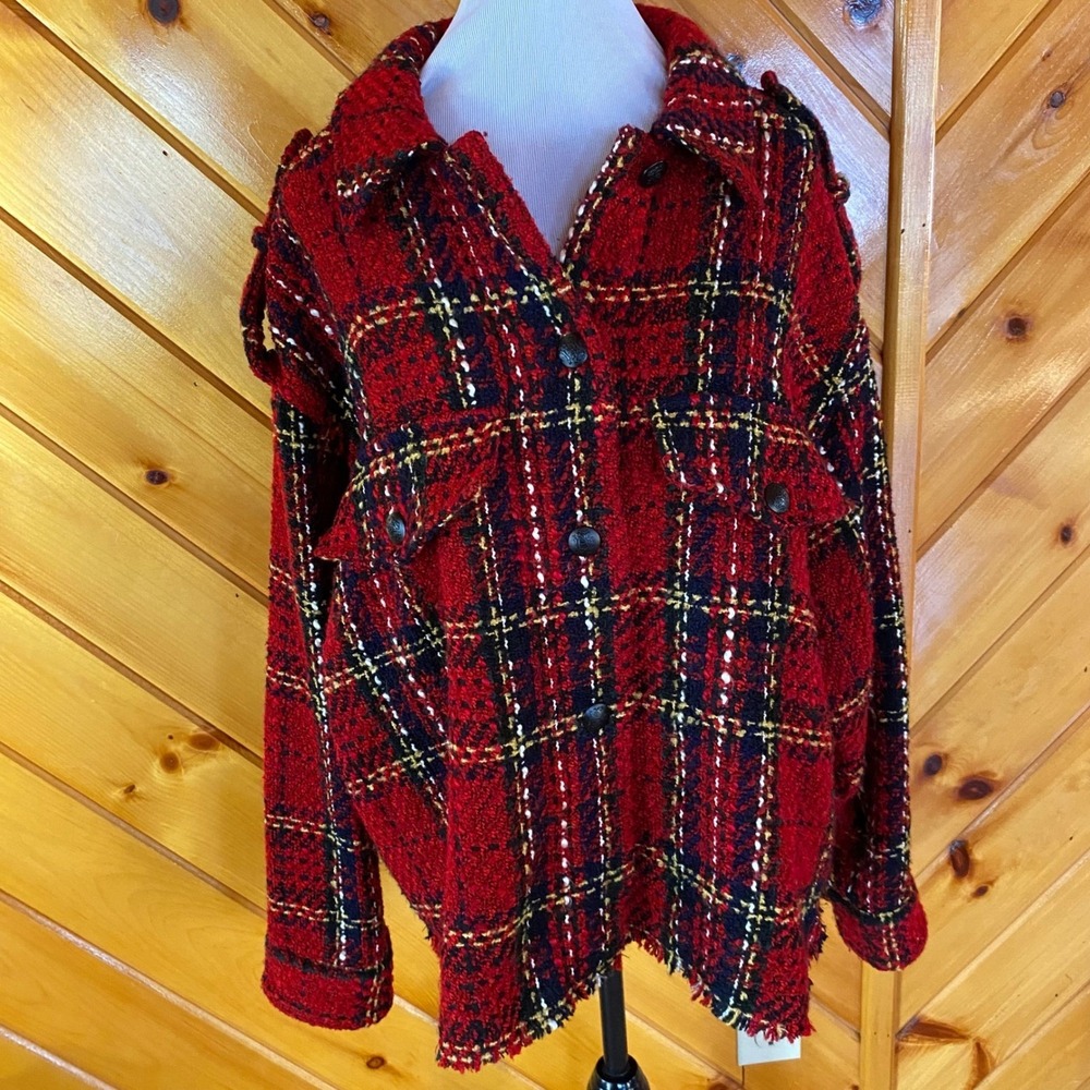 ZARA Plaid Tweed Jacket Red Black Fringe Shacket Textured Bright Boucle - Picture 2 of 9